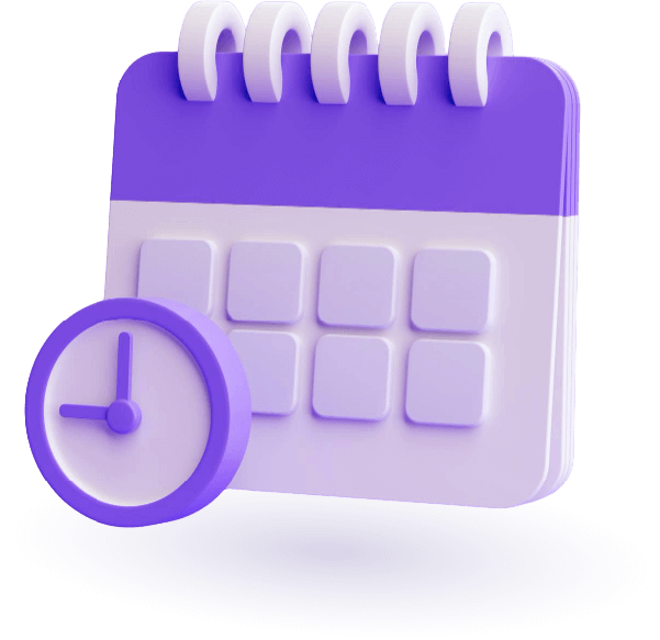 Illustration violette 3D d'un calendrier et d'une horloge
